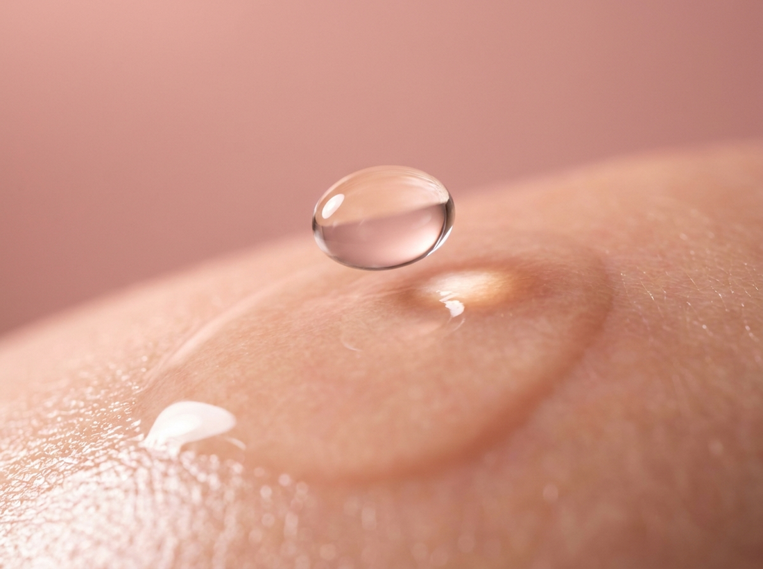 Macro shot of a serum droplet on skin